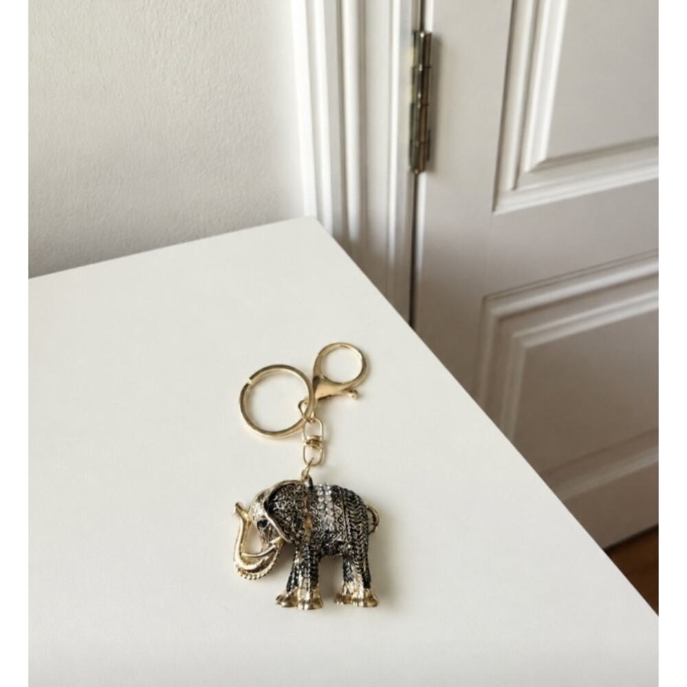 Gold Antique Rhinestone Elephant Bag Charm Key Chain